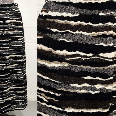 Vintage Heavyweight Maxi Skirt Animal Abstract Print Striped Boho Mod Pencil Black Cream White Medium Large 1960s 60s 
