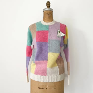 Dead stock vintage ‘80s Smith’s of Bermuda pastel color block sweater, preppy | patchwork Shetland wool knit pullover, 38 or M 