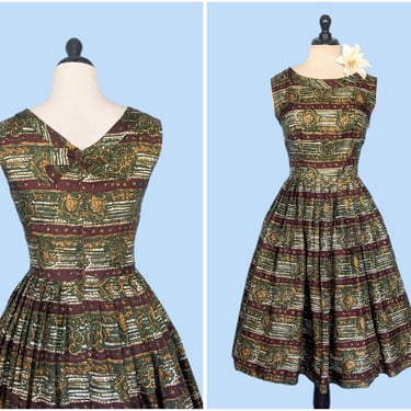 Vintage 50s Novelty Print Silk Day Dress, 1950s Striped Party Dress 