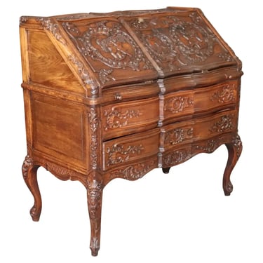 Exuberantly Carved Oak French Louis XV Secretary Desk Circa 1900
