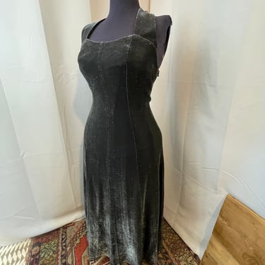 Liquid Silver Metallic Black Formal Gown Dress 1990s Vintage M 