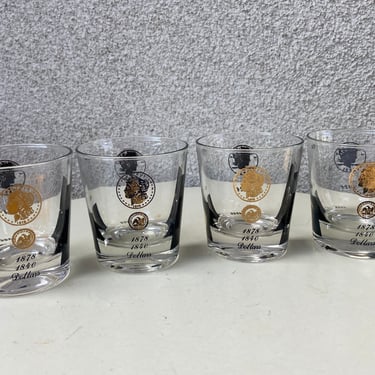 Vintage set 4 Cera small tumblers  glasses clear gold black US dollar coin pattern holds 6 oz. 3 1/4” 