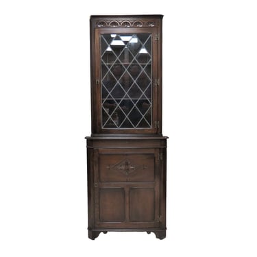Vintage Wooden Cabinet | English Carved Dark Oak Corner Cabinet With Leaded Glass Door 