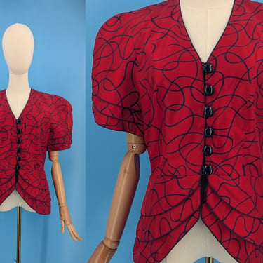 Vintage 80s Raul Blanco 8 Red Silk Short Sleeve Structured Top - Eighties Button Up Blouse 