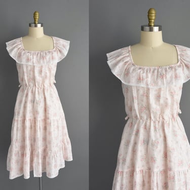 1980s vintage dress | Adorable Pink Pastel Floral Print Summer Cotton Dress | Medium | 80s dress 