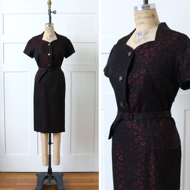 vintage 1960s red & black dress • tailored belted brocade wiggle dress with short sleeves and hip detail 