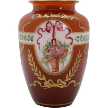 1900's Vintage Bohemian Moser Cased and Enamel Glass Cabinet Amber Glass Vase Decorated with a Bouquet of Flowers 