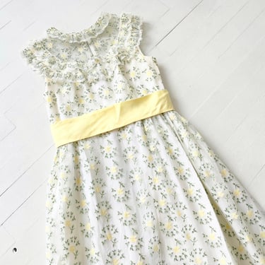 1960s Floral Ruffled Maxi Gown with Net Overlay and Yellow Sash Waist 