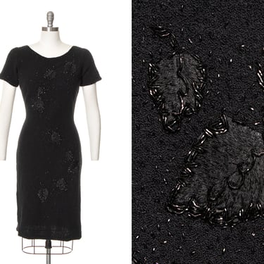 Vintage 1950s Sweater Dress | 50s Leaf Beaded Embroidered Knit Black Wool Wiggle Cocktail Evening Party LBD Dress (small/medium/large) 