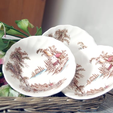 Johnson Bros The Old Mill pattern berry bowls / brown English transferware  / replacement china / English country cottage decor / butter pat 