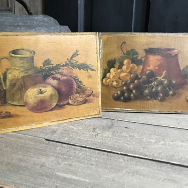 Pair Still Life Paintings, Unframed on Panel Board, Fruit, Vase, Grapes, Apples, Antique, English, Dutch 