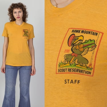 70s Hawk Mountain Scout Reservation Burnout Tee - Men's Small, Women's Medium | Vintage Boy Scouts Yellow Graphic T Shirt 