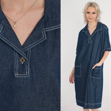 Denim Midi Dress y2k Jean Dark Blue Wash Button Up Dress 00s Polo Dress Pocket Preppy Short Sleeve Vintage Retro 00's Short Sleeve Large L 