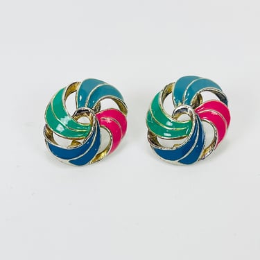 Vintage 1980s Multi Colored Swirl Earrings Pink Green and Blue Pierced 