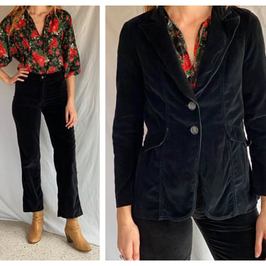 1970's Velvet Suit / Leisure Wear / Calvin Klein High Waist Bell Bottom Cropped Trouser Pants Blazer Suit / Workwear Secretary CEO Jacket 
