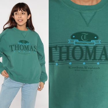 Thomas' London England Sweatshirt 90s Green Shirt UK Retro Crewneck Tourist Pullover Vintage 1990s Large L 