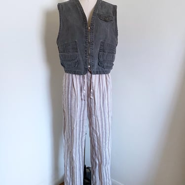 Vintage 90's Linen Striped Trousers, Drawcord Waist, Loose Fit 