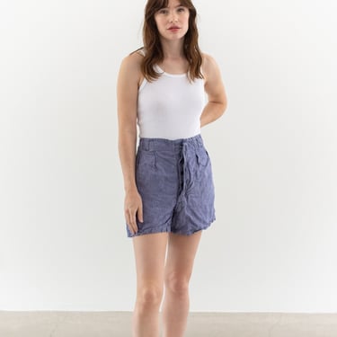 Vintage 31 32 Waist Blue French Linen Shorts | 50s Unisex High Rise Button Fly France | 