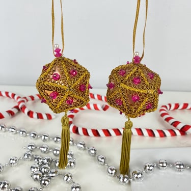 Vintage Bead, Sequin and Ribbon Push Pin Ornament set of 2, Octagonal Pink & Gold Christmas Ornament, Hand beaded pinned ornaments, Glitzy 