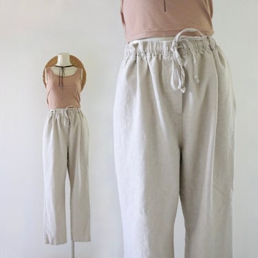 draw string linen trousers 29-36 - vintage 90s y2k beige brown natural comfortable casual medium large spring summer pants womens 