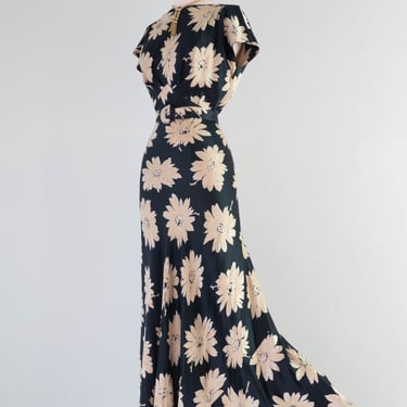 Divine 1930's Liquid Silk Satin Daisy Print Bias Cut Evening Gown / SM