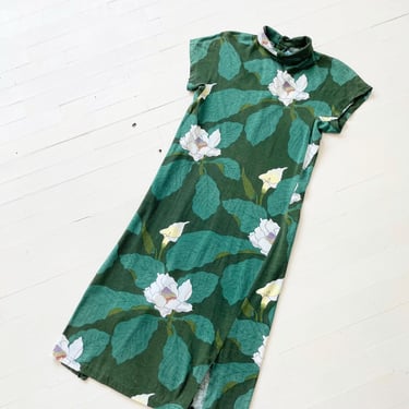 1990s Kenzo Green Lotus Print Dress 