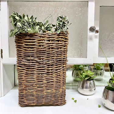 Vintage Wicker Wall Basket with Dried Greens | Hanging Wall Basket Decor | Mail | Front Door | Rustic | Farmhouse | Rattan | Brown | Twig 