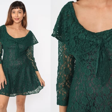 Green Lace Dress 90s Mini Flounce Overlay Grunge Sheer Sleeve Cut Out Boho 1990s Vintage Ruffle Necktie Party Long Sleeve Romantic Small 