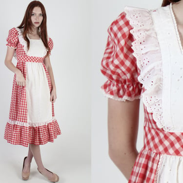 Candi Jones Dress / Red White Gingham Print / 70s Picnic Country Floral Dress / Vintage Checkered Field Barn Midi Dress 