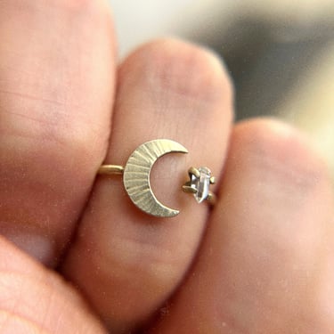 Crescent Moon Ring with Herkimer Diamond in Sterling Silver or Brass - Celestial Ring with Natural Gemstone - Moon Ring Made to Order 