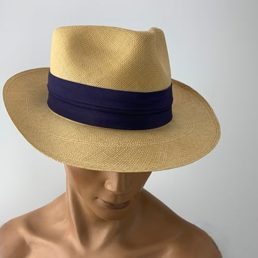 Vintage 1950's Straw Fedora Hat - Genuine PANAMA - Hand Woven  - Leather Sweatband - Men's Size 7-3/8 
