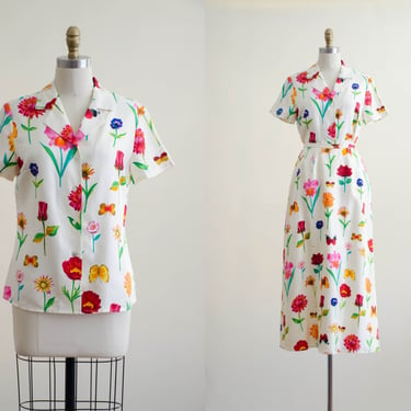 90s silk midi skirt and blouse | white rainbow butterfly wildflower botanical floral skirt set 