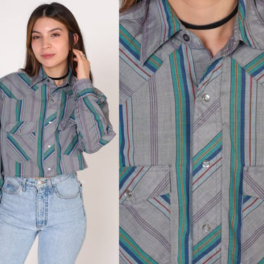 Western Crop Top 90s Grey Striped Pearl Snap Blouse Cropped Shirt Long Sleeve Collared Cowgirl Rodeo Vintage 1990s Rustler Extra Small xs 