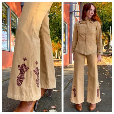 70s brown embroidered two piece set 