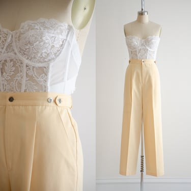 high waisted pants 80s 90s vintage pastel yellow straight leg trousers 