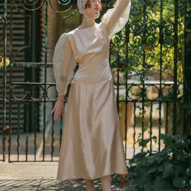 1930s silk satin organza faux pearl evening dress 