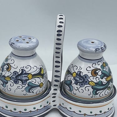 Deruta Italian Pottery Salt and Pepper with Caddy Set- Pretty Hand Painted Blue Green Yellow-Dipia Mano Deruta 
