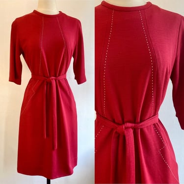 Vintage 60s RED MOD Knit Dress / WHITE Topstitch + Pocket + Tie 