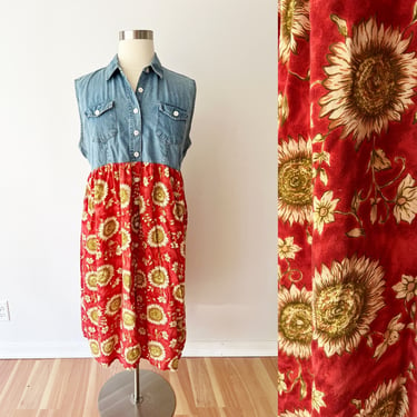 SIZE 22 / 2X 90s Denim & Floral Cotton Midi Dress - Sleeveless Button Front - Grunge Plus Size Vintage Dress - Sun Dress Summer 