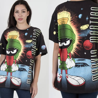 All Over Print Marvin the Martian T Shirt, Vintage 1990's Looney Tunes Cartoon AOP Tee Size Large L 
