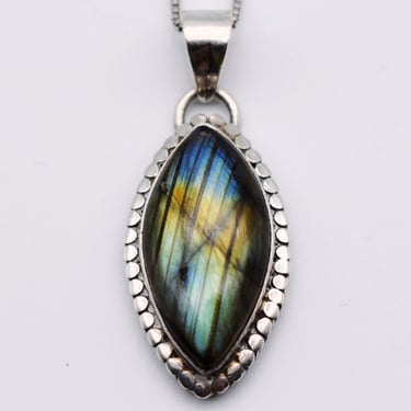 80's pointed oval labradorite sterling pendant, tribal beaded 925 silver chatoyant stone necklace 