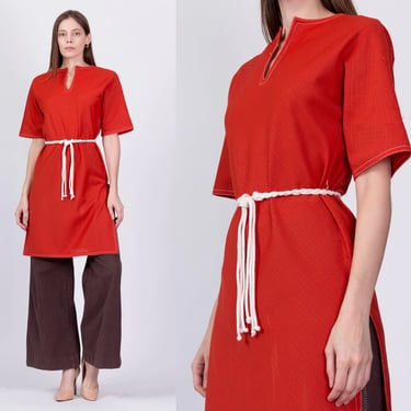 70s Red Belted Side Slit Tunic - Small to Medium | Vintage Mod Short Sleeve Longline Top Mini Dress 