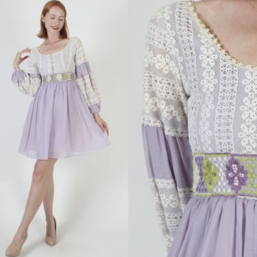 Reversible Crochet Mod Micro Mini Dress Puff Sleeve Bridesmaids Outfit High Waisted Full Skirt Sundress 