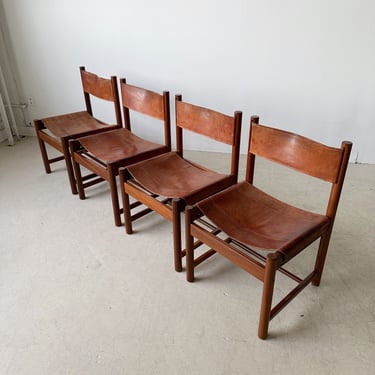 ROSEWOOD & LEATHER IMBUIA SLING CHAIRS BY MICHEL ARNOULT, SET OF 4, 60's