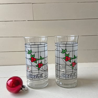 Vintage Libbey Christmas Coca Cola Frosted Stained Glass With Berries, Set of 2 // Vintage Christmas Glassware, Perfect Gift 