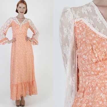 70s Roberta Lace Kimono Angel Sleeve Dress, Calico Corset Boho Wedding Gown, Vintage Bohemian Summer Sundress 