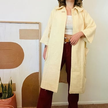 Vintage 60s Cream Textured Wide Sleeve Mod Cottage Duster House Coat 