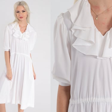 White Ruffle Dress 70s Puff Sleeve Midi Dress High Waisted Party Vintage V Neck Casual Dress 1970s Minidress Medium Large 