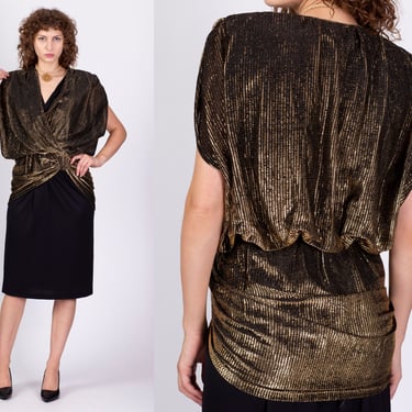 80s Does 1930s Style Art Deco Midi Dress - Medium | Vintage Gold Metallic Black Draped Flapper Dress 