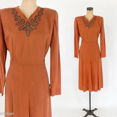 1940s Orange Rayon Dress | 40s Rust Crepe Day Dress  | Large 
